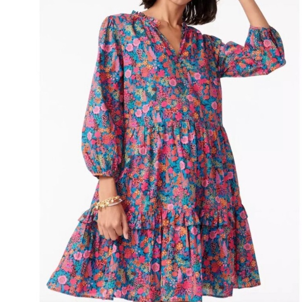 J Crew Liberty Black Floral Print Popover Ciara Dress with Pockets, Size Medium